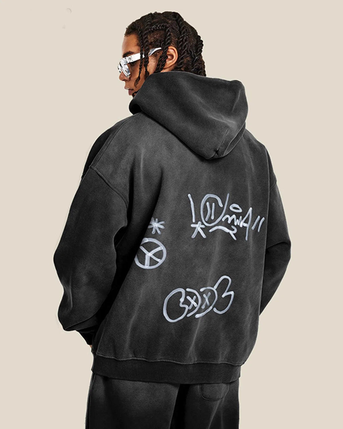 Side view of the washed graffiti zip-up hoodie