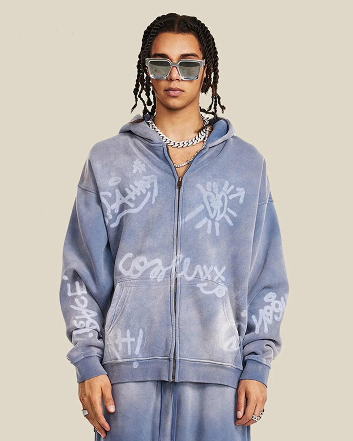 Back view of washed graffiti zip-up hoodie
