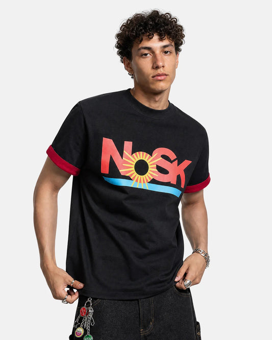 Men's graphic layered T-shirt shown from the front with streetwear print