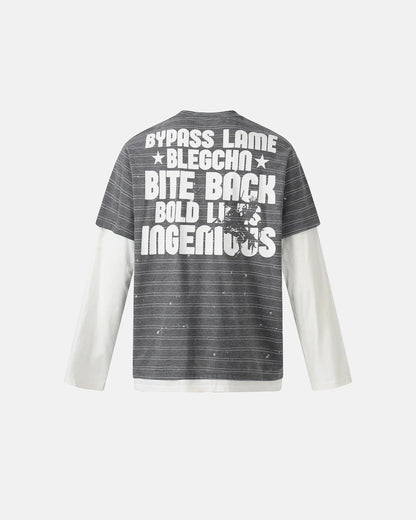 Side view of striped Henley T-shirt showing layered long-sleeve effect