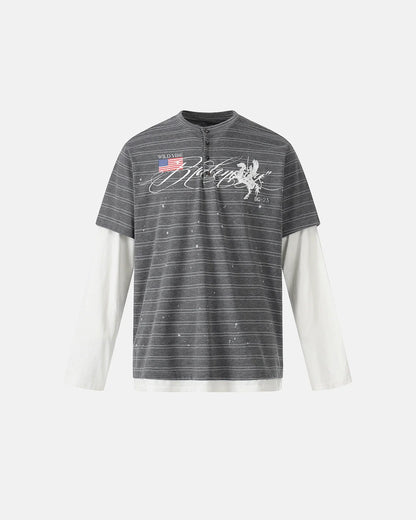 Back view of layered stripe Henley T-shirt with relaxed everyday fit