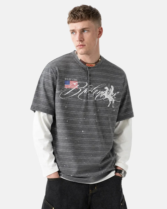 Front view of layered stripe Henley T-shirt in casual streetwear style