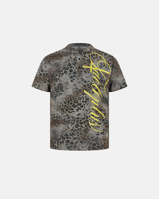 Back view of leopard script Henley T-shirt in a relaxed casual fit
