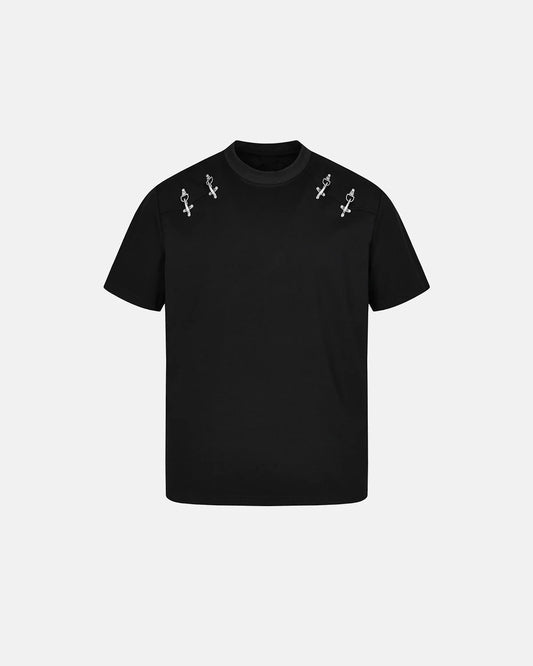 Men's cotton T-shirt with metal buckle detail shown from the back
