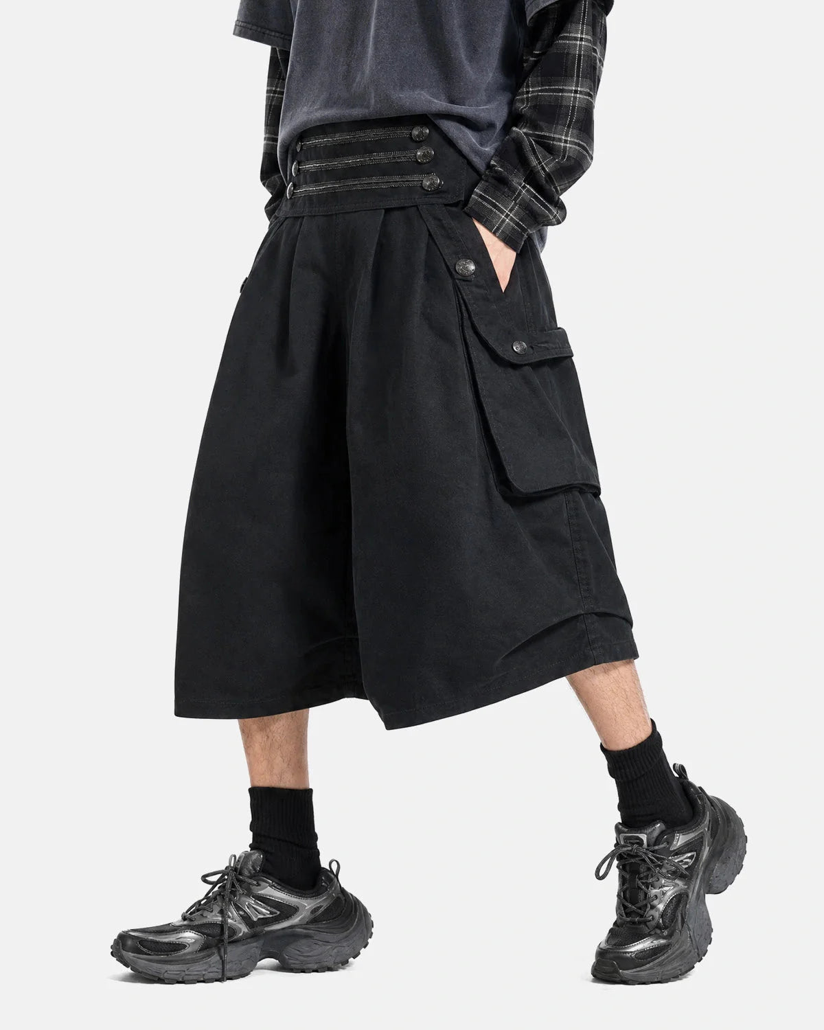 Detail of washed cotton fabric on men's longline shorts