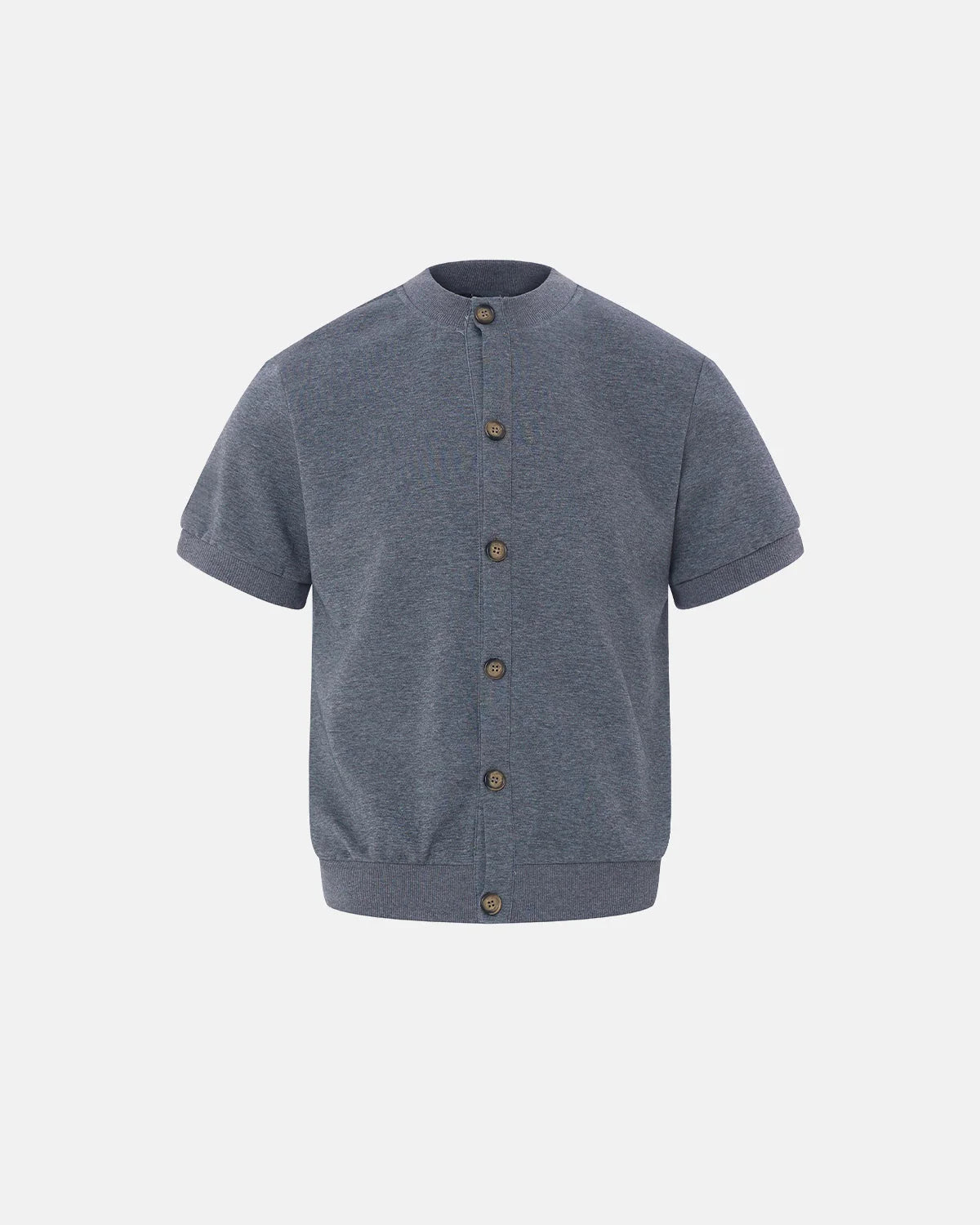 Short sleeve button cardigan front view with button fastening and classic knit texture