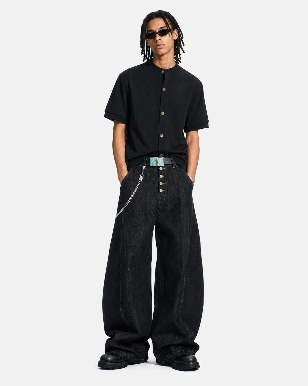 Full-length view of the button cardigan styled for work or weekend wear