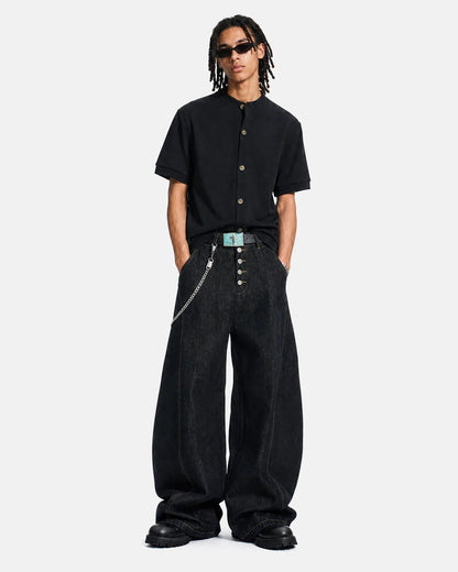 Full-length view of the button cardigan styled for work or weekend wear