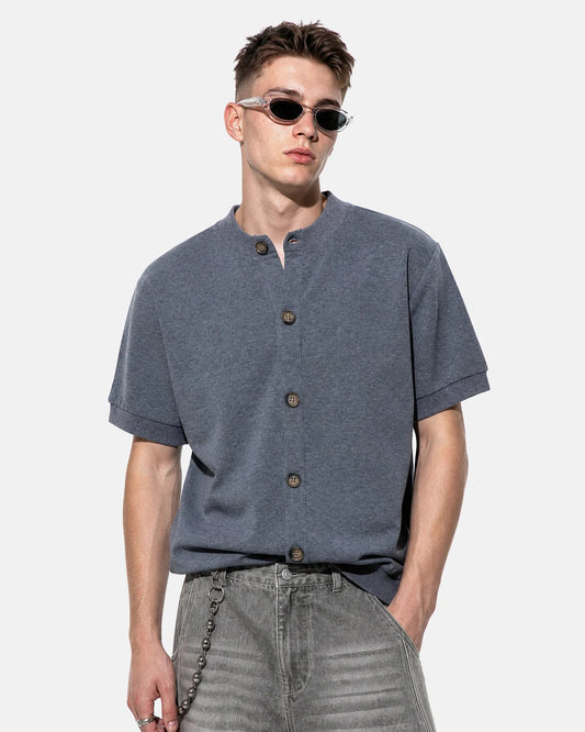 Short sleeve button cardigan shown from the front for smart casual layering