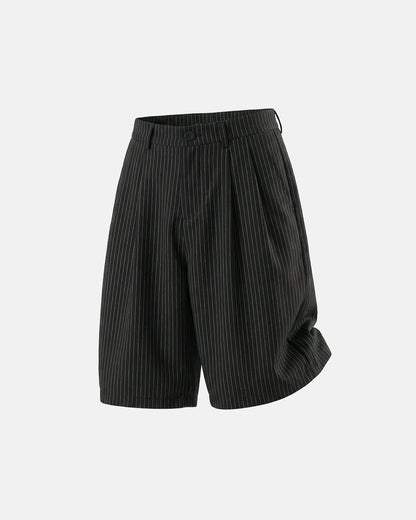Men's pinstripe pleated tailored shorts shown from the front