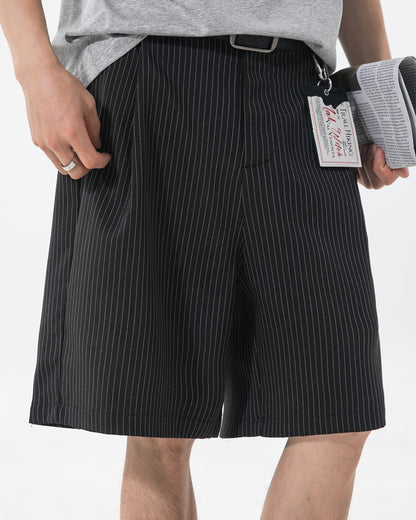 Side view of men's pinstripe pleated tailored shorts