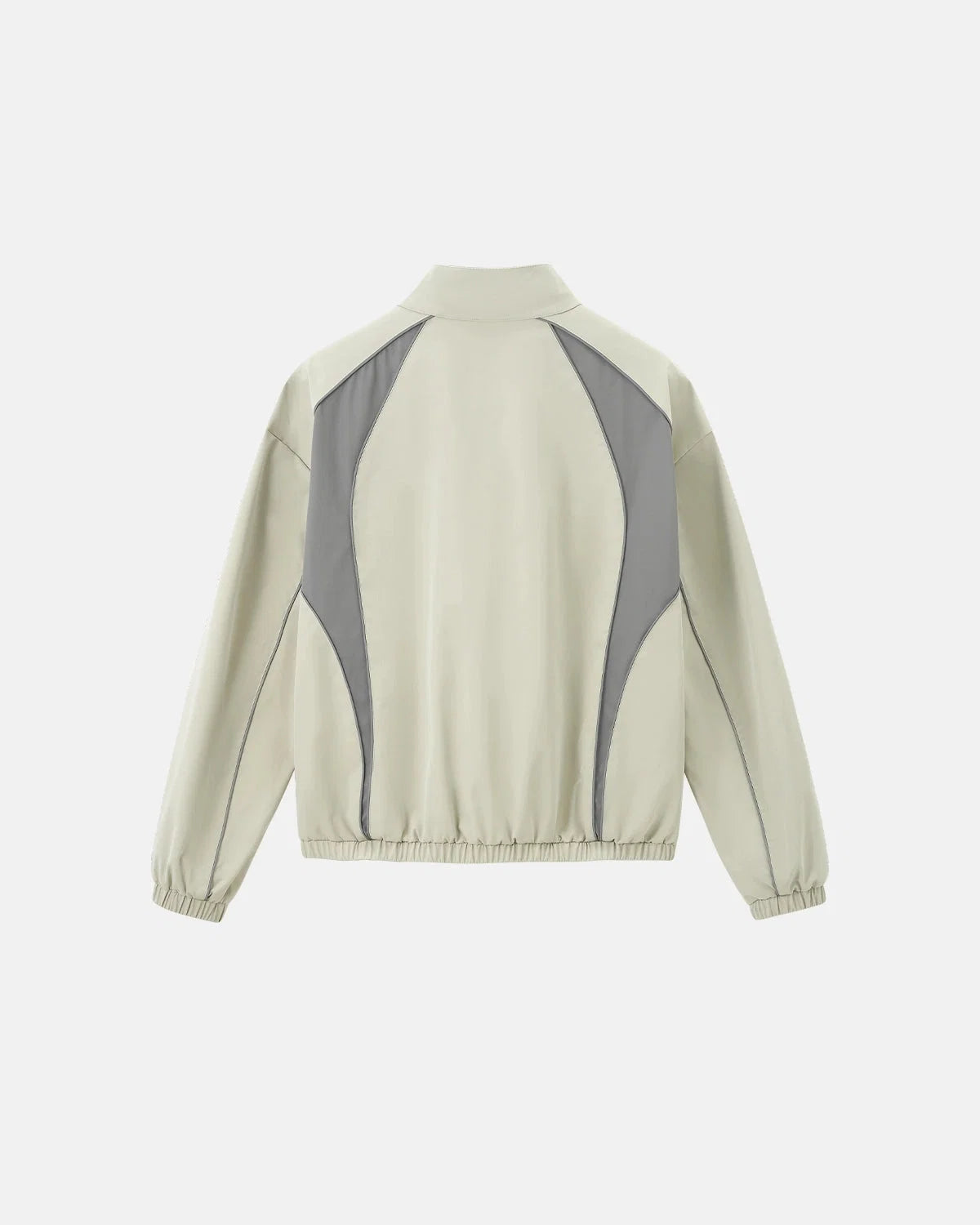 Back view of a loose reflective windbreaker jacket with bold colour blocking