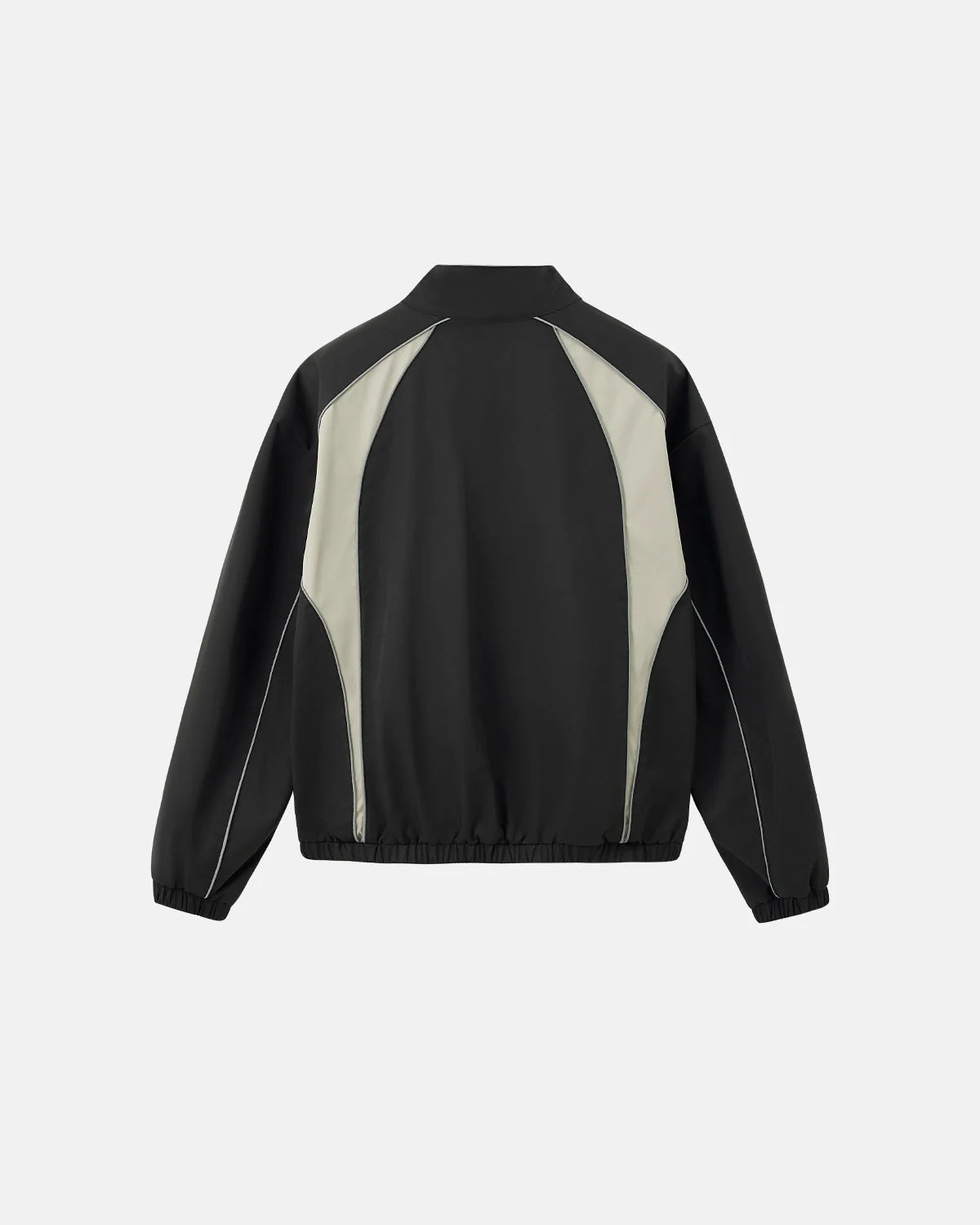 Front view of a loose reflective windbreaker jacket with colour-block panels