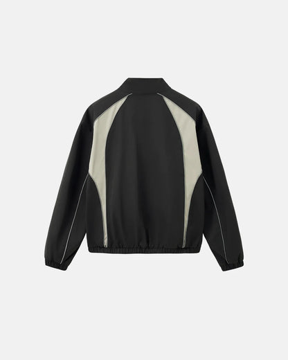 Front view of a loose reflective windbreaker jacket with colour-block panels