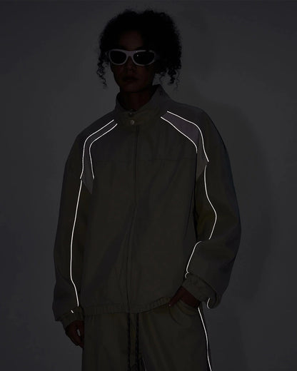 Side view of the reflective colour-block streetwear windbreaker jacket