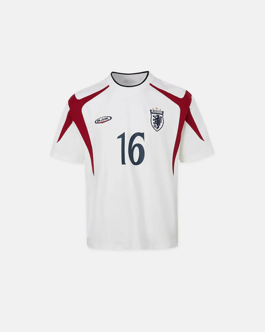 Back view of retro colour block embroidered jersey T-shirt