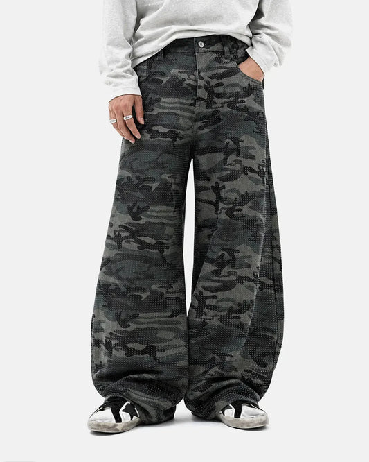 Front view of rhinestone camo barrel trousers with a relaxed fit