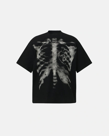 Close-up of the ribcage graphic on the waffle knit T-shirt