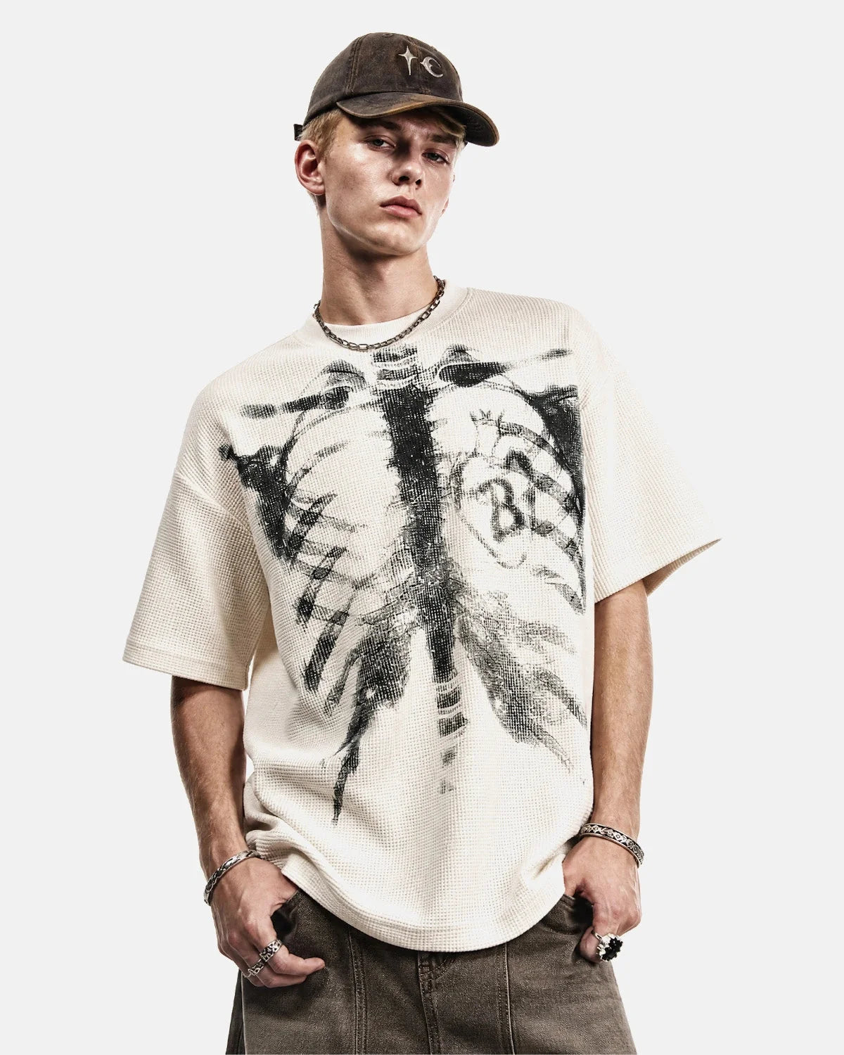 Side view of the ribcage graphic waffle knit T-shirt