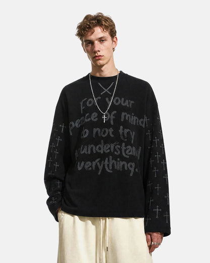 Full view of the graphic waffle long-sleeve T-shirt
