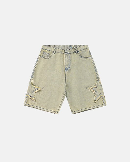 Rear view of baggy denim jorts with distressed finish