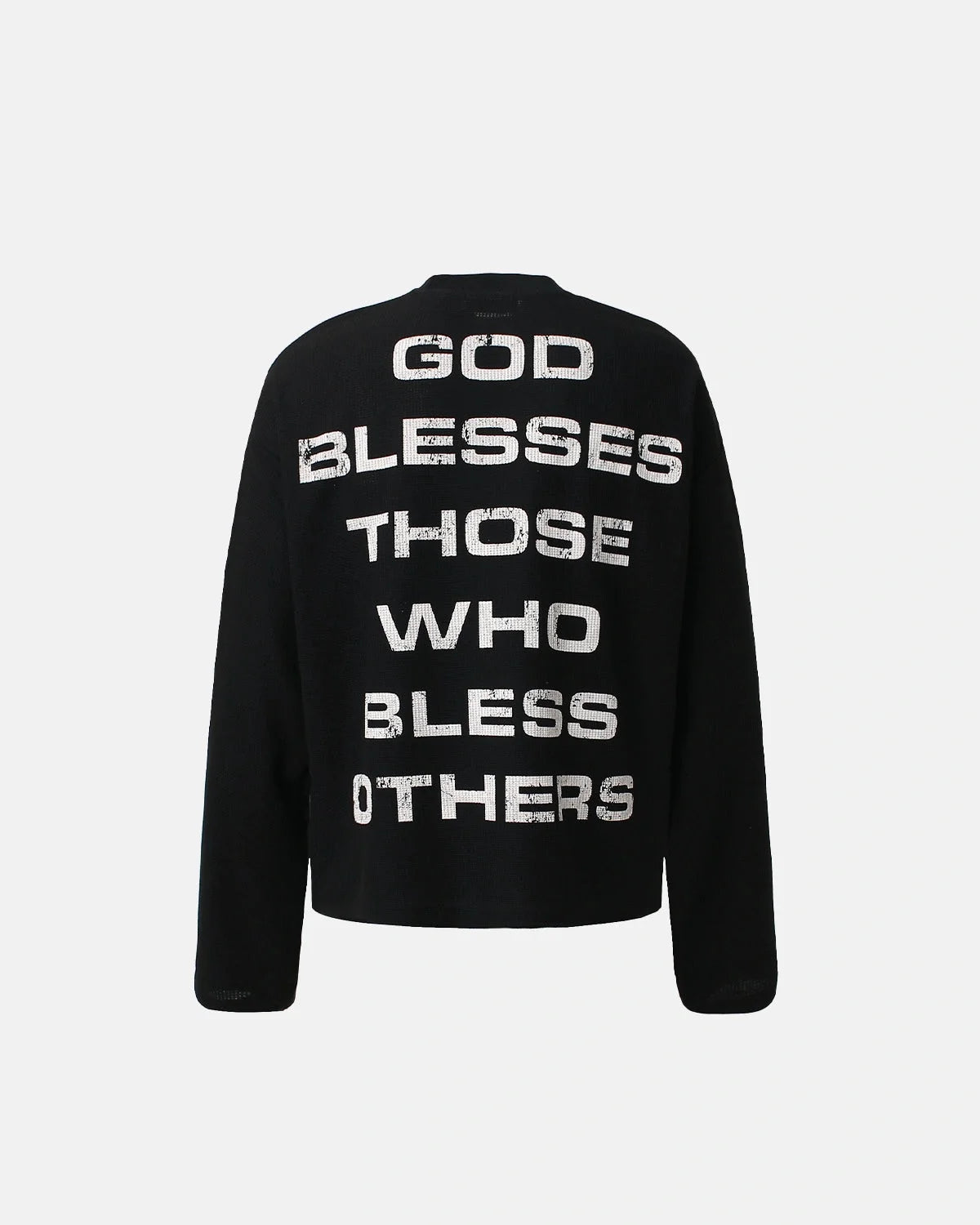 Front view of a distressed graphic waffle-knit long-sleeve T-shirt