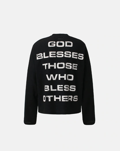 Front view of a distressed graphic waffle-knit long-sleeve T-shirt