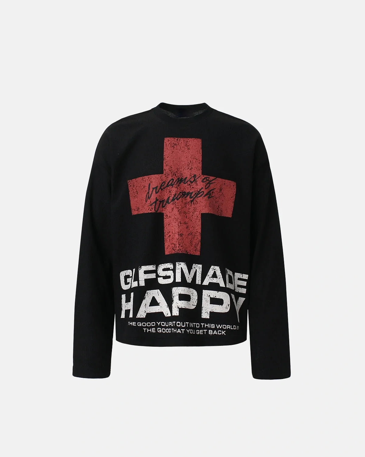 Distressed graphic waffle-knit long-sleeve T-shirt in a casual style