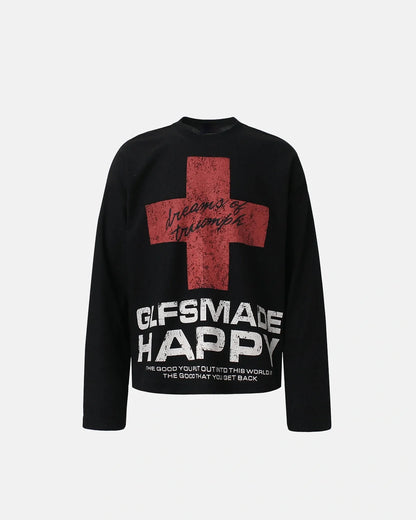 Distressed graphic waffle-knit long-sleeve T-shirt in a casual style