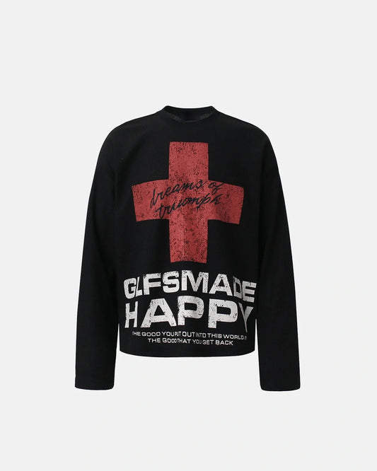 Distressed graphic waffle-knit long-sleeve T-shirt in a casual style