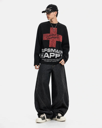Full view of a distressed graphic waffle-knit long-sleeve T-shirt