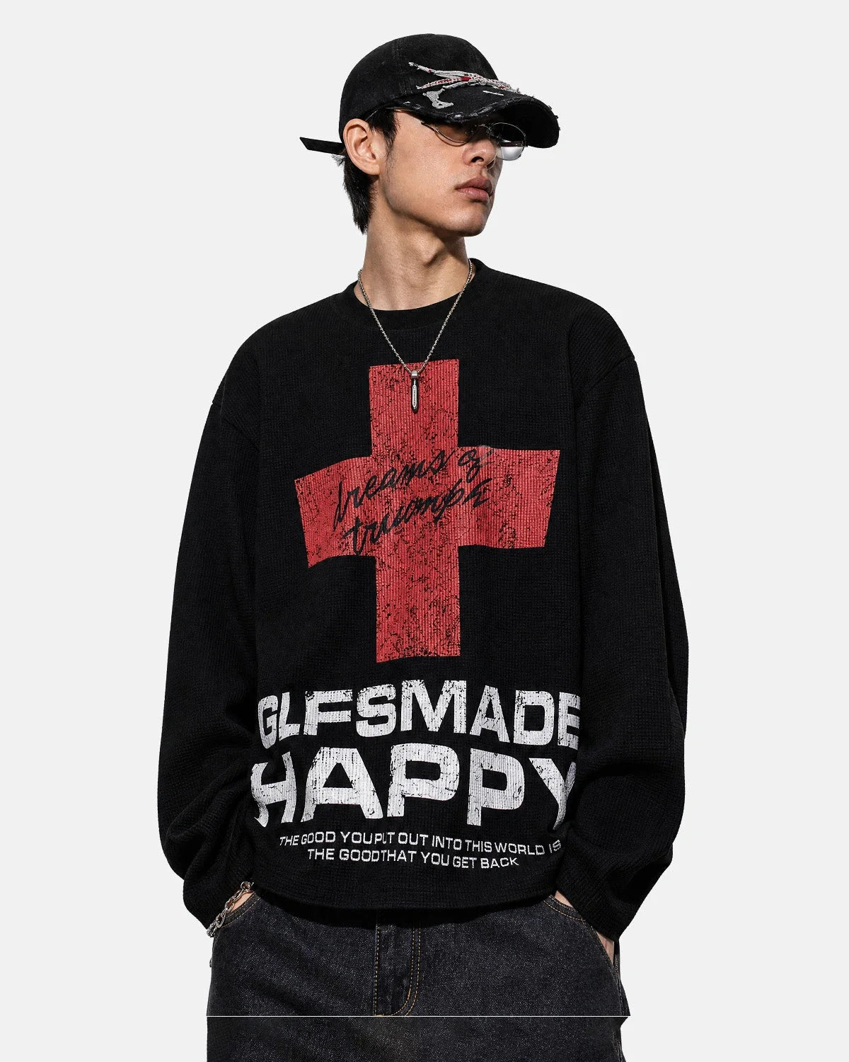 Distressed graphic long-sleeve T-shirt styled with casual clothing