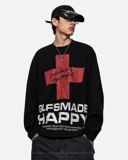 Distressed graphic long-sleeve T-shirt styled with casual clothing