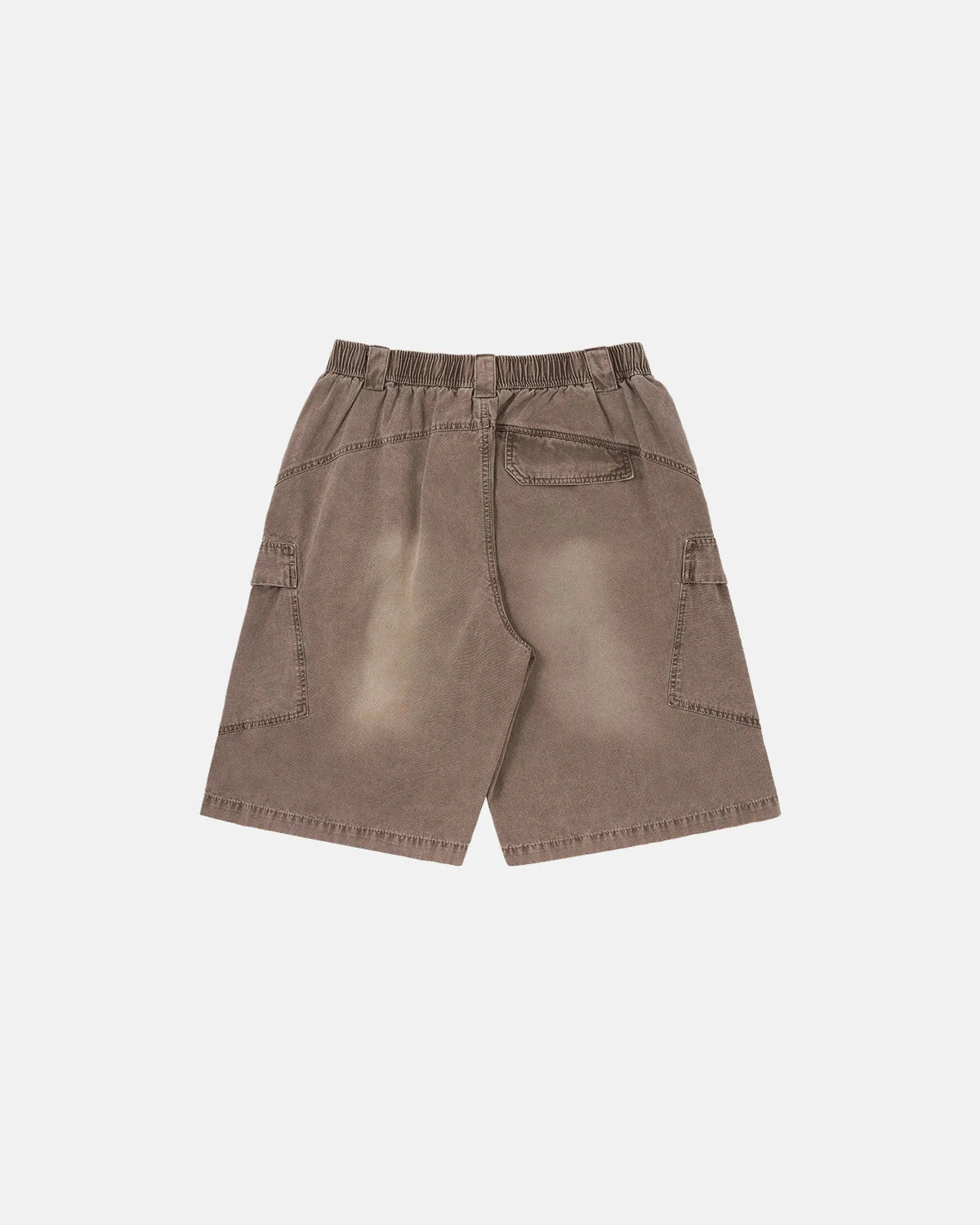 Side view of washed cargo shorts with flap utility pockets