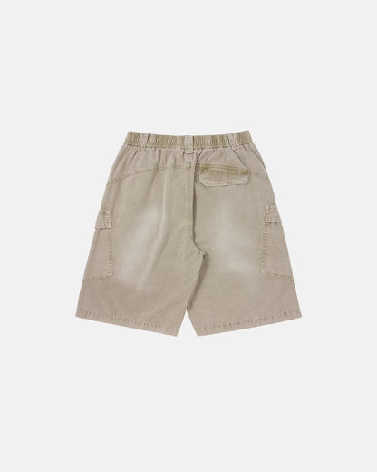 Full-length product view of washed cargo shorts with utility pockets