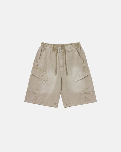 Angled back view of washed cargo shorts