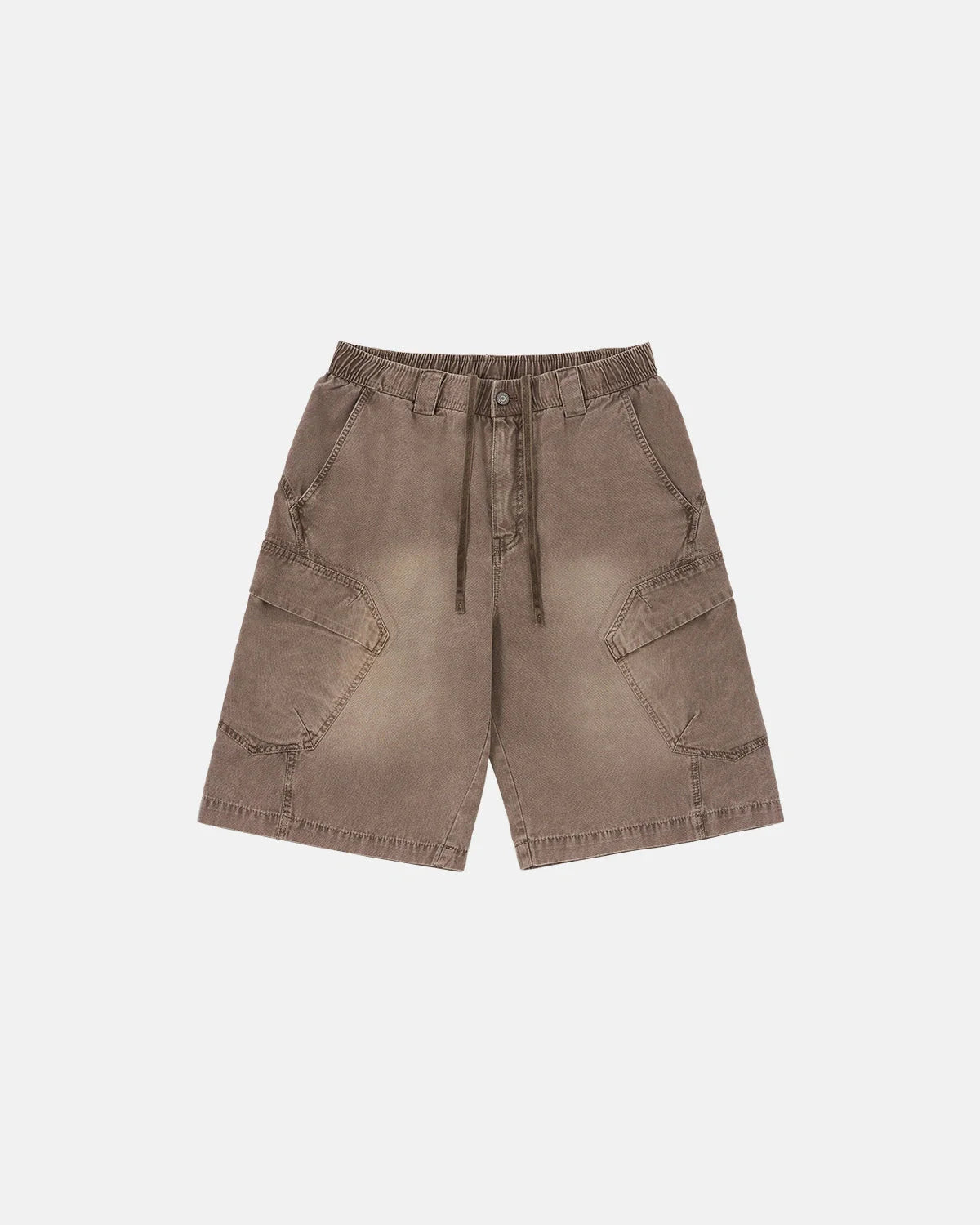 Washed cargo shorts with utility pockets shown from the back