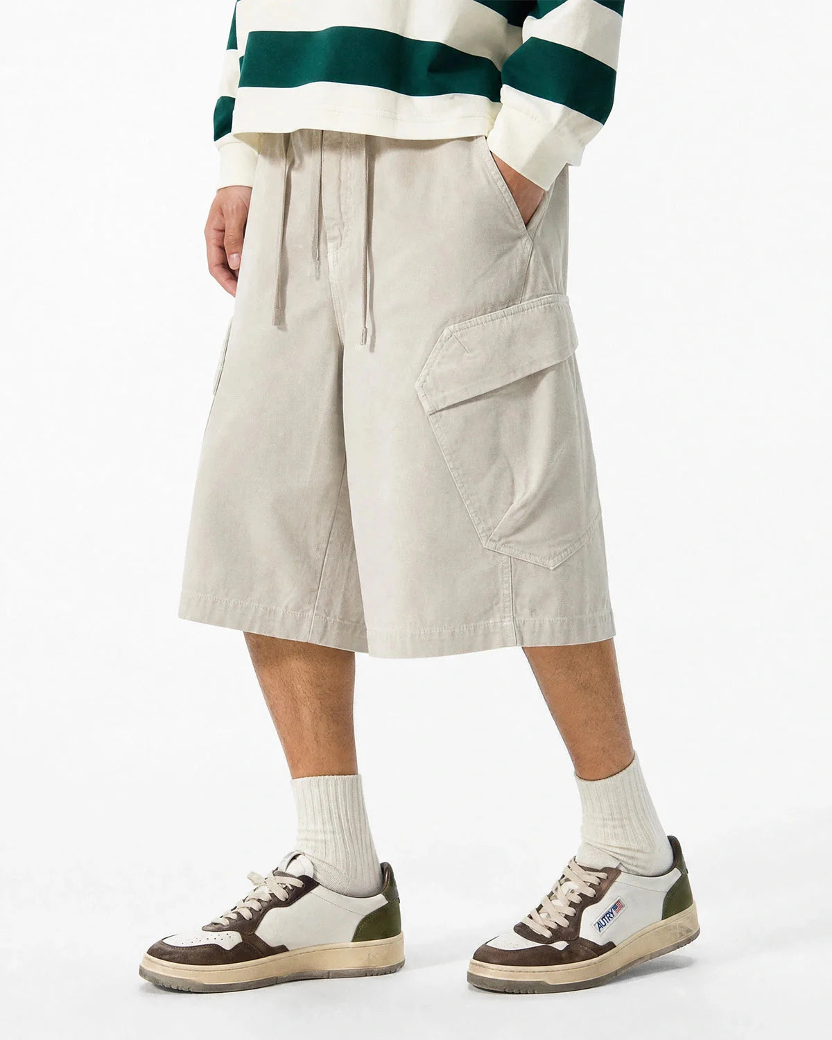 Leg and hem detail of washed cargo shorts