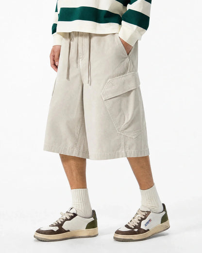 Leg and hem detail of washed cargo shorts