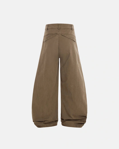 Side view of washed cotton barrel cargo trousers with cargo pockets