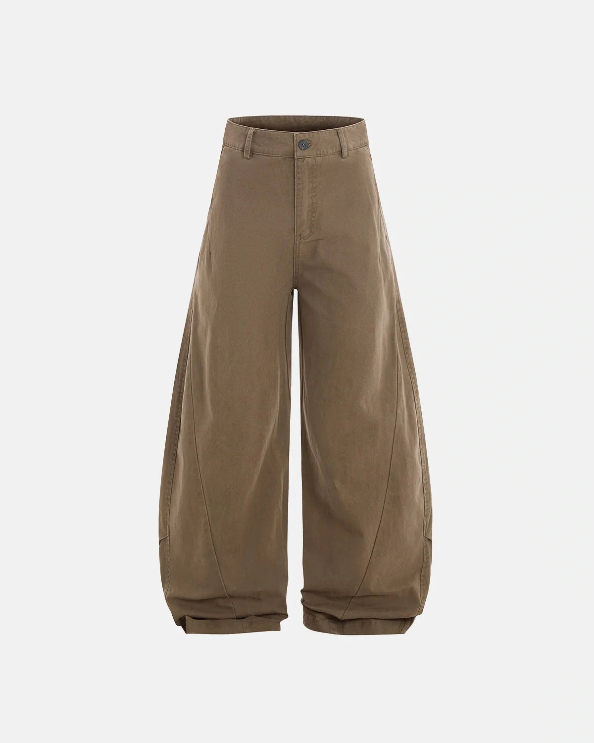 Front view of washed cotton barrel cargo trousers