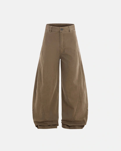 Front view of washed cotton barrel cargo trousers