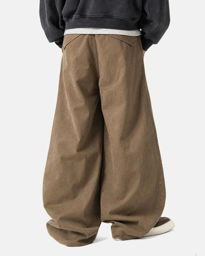 Back view of washed cotton barrel cargo trousers