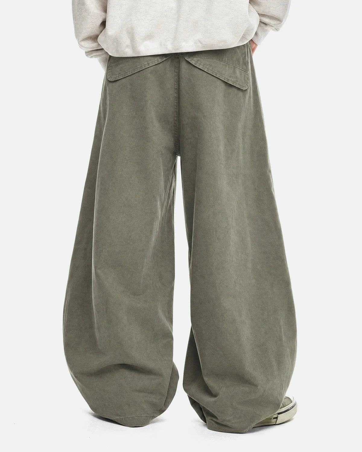 Full view of washed cotton barrel cargo trousers