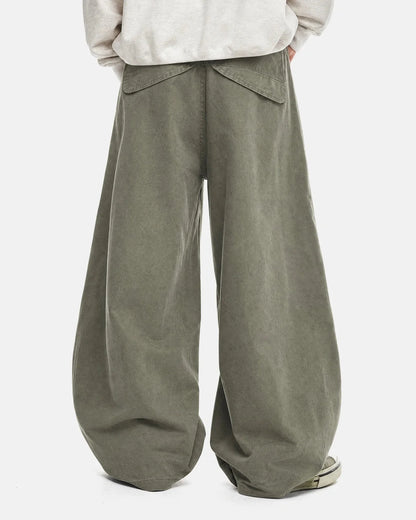 Full view of washed cotton barrel cargo trousers