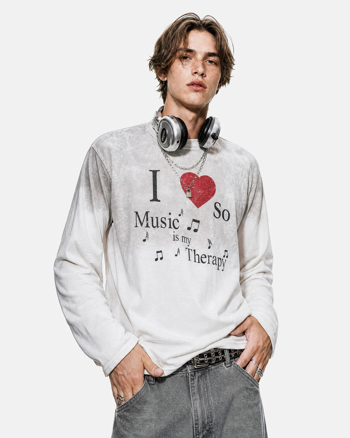 Soft washed cotton fabric on a music graphic long sleeve T-shirt