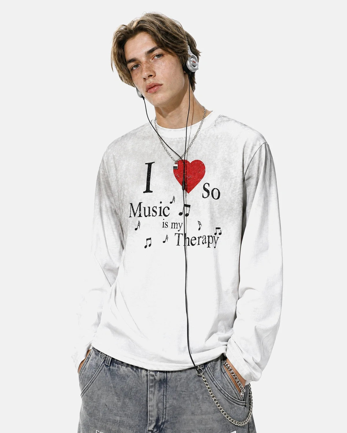 Close-up of the vintage-style music graphic on the T-shirt