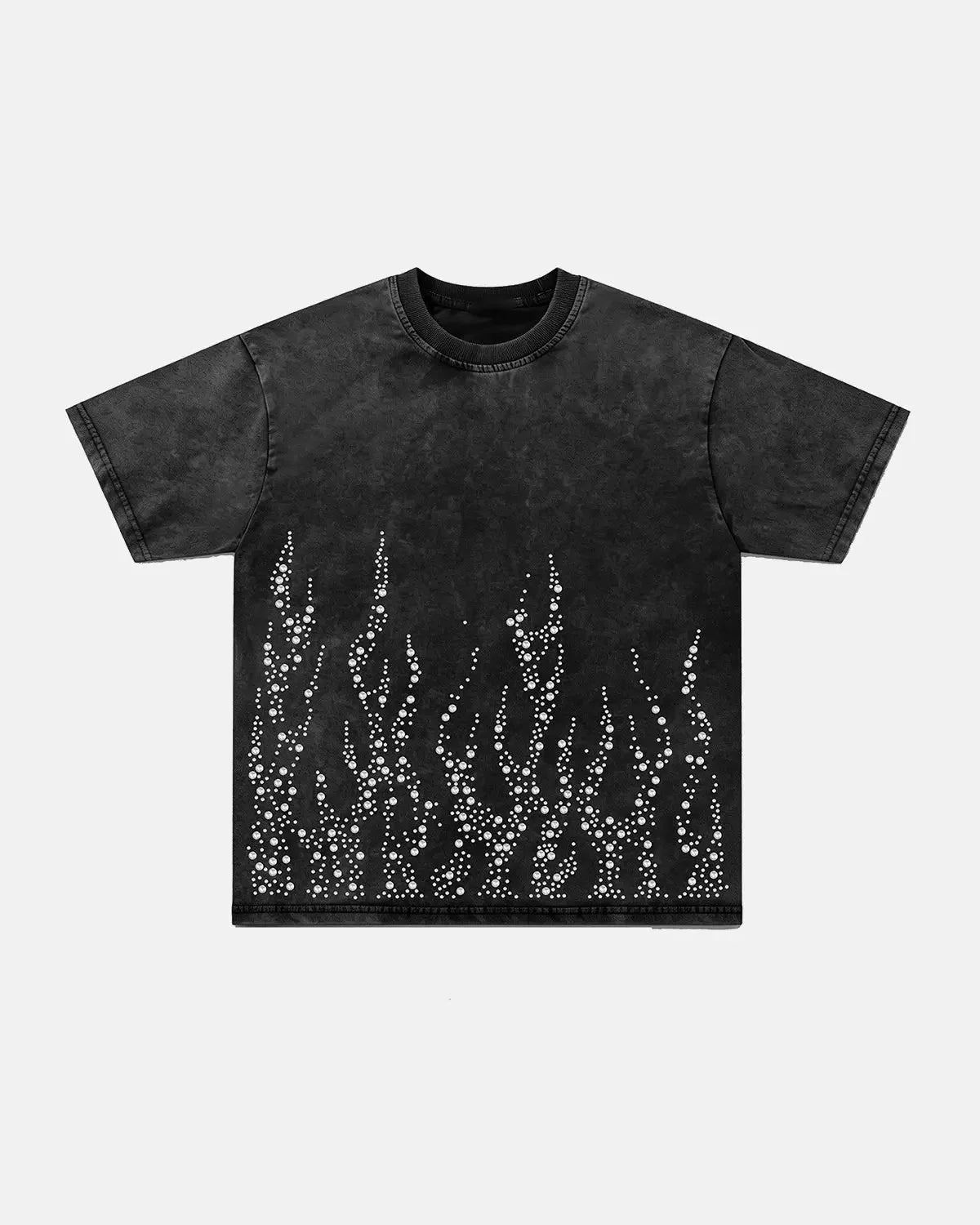 Close-up of washed fabric texture and rhinestone detailing on the T-shirt