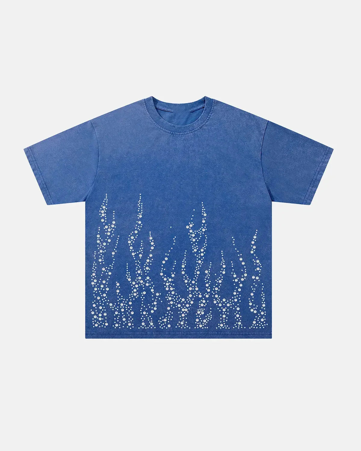 Washed boxy T-shirt with rhinestone flame graphic shown from the back