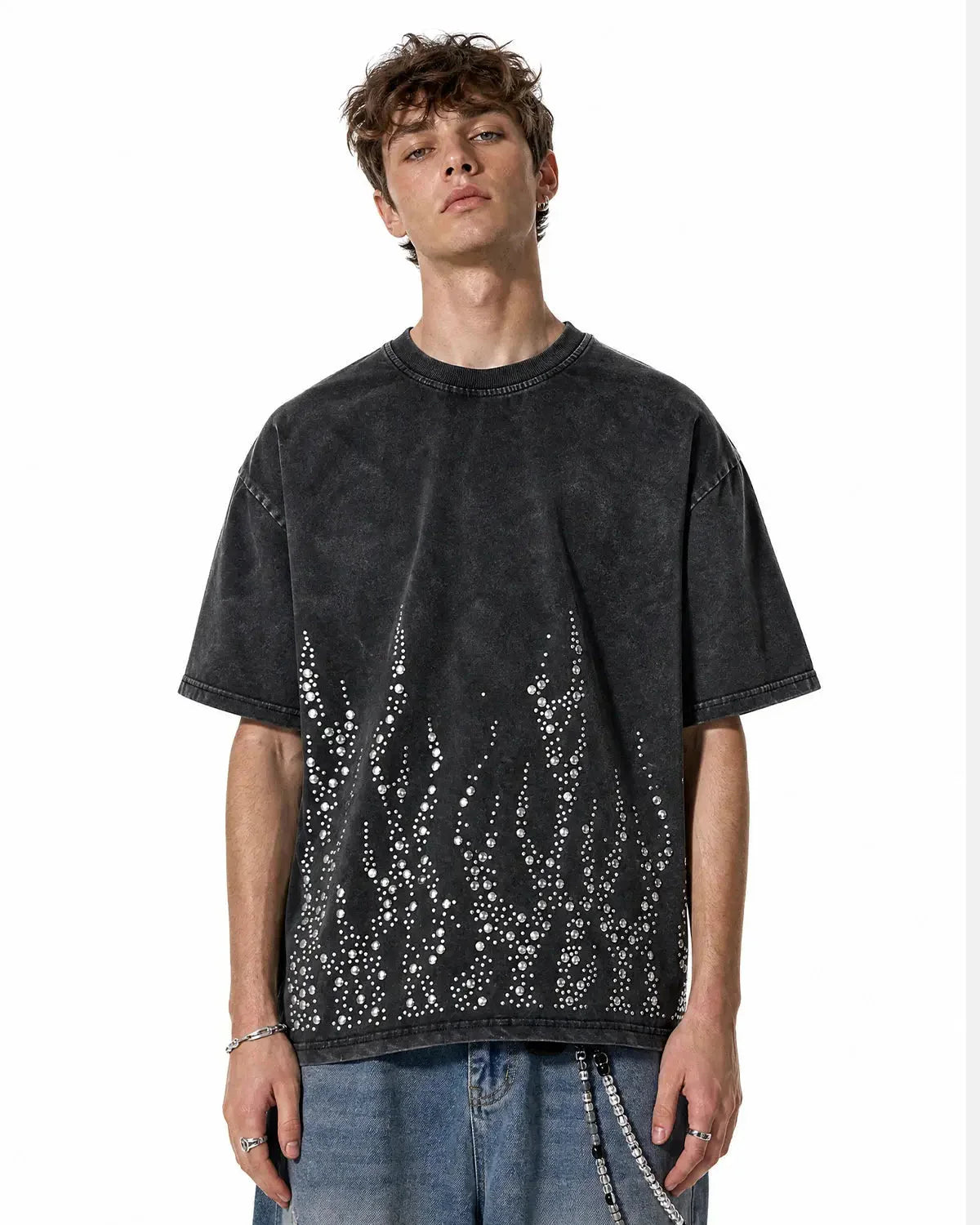 Back three-quarter view of the washed rhinestone flame boxy T-shirt
